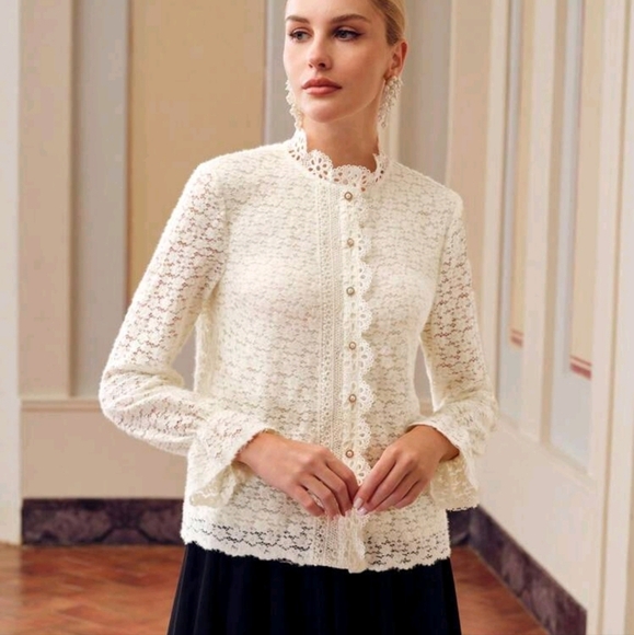 LACE MOCK NECK FLARE SLEEVE BLOUSE - Picture 5 of 5